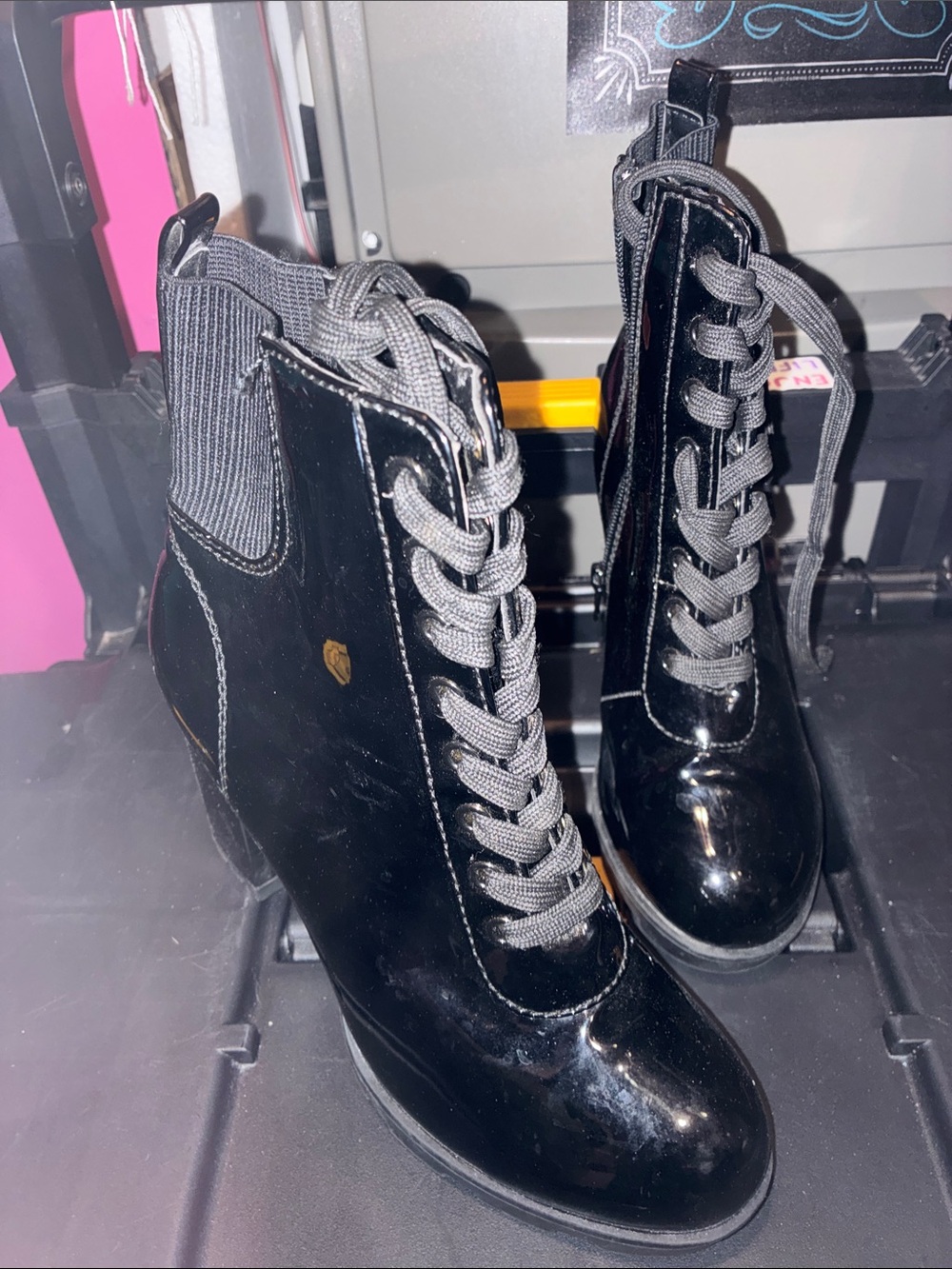 EUC BAMBOO Black Patent Lace-Up Ankle Boots with Gray Laces